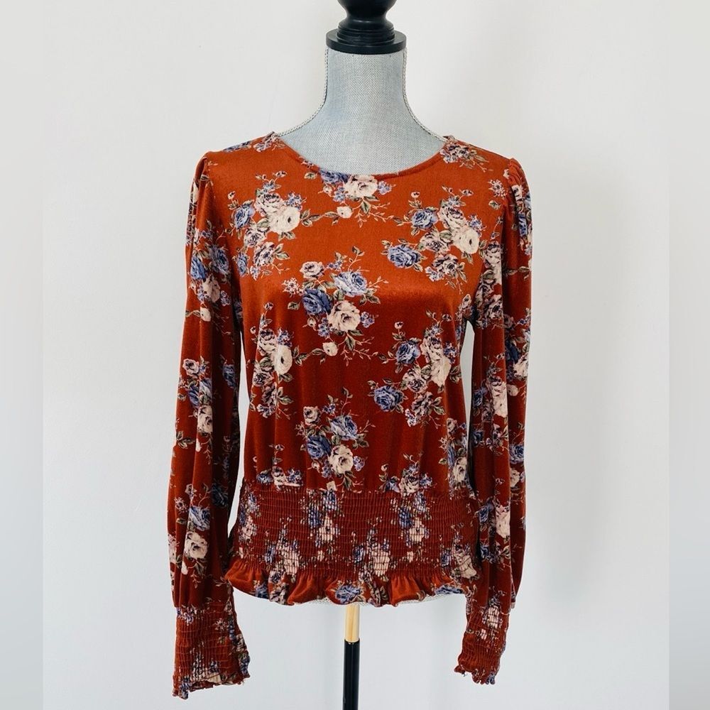 Vintage Floral On Rust Brown Open Back Velvet Blouse Sz M Cottage Victorian Chic